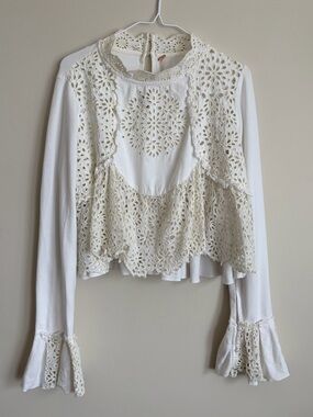 Free People Brittney Eyelet Lace Cream and White Mockneck Long Sleeve Women’s L